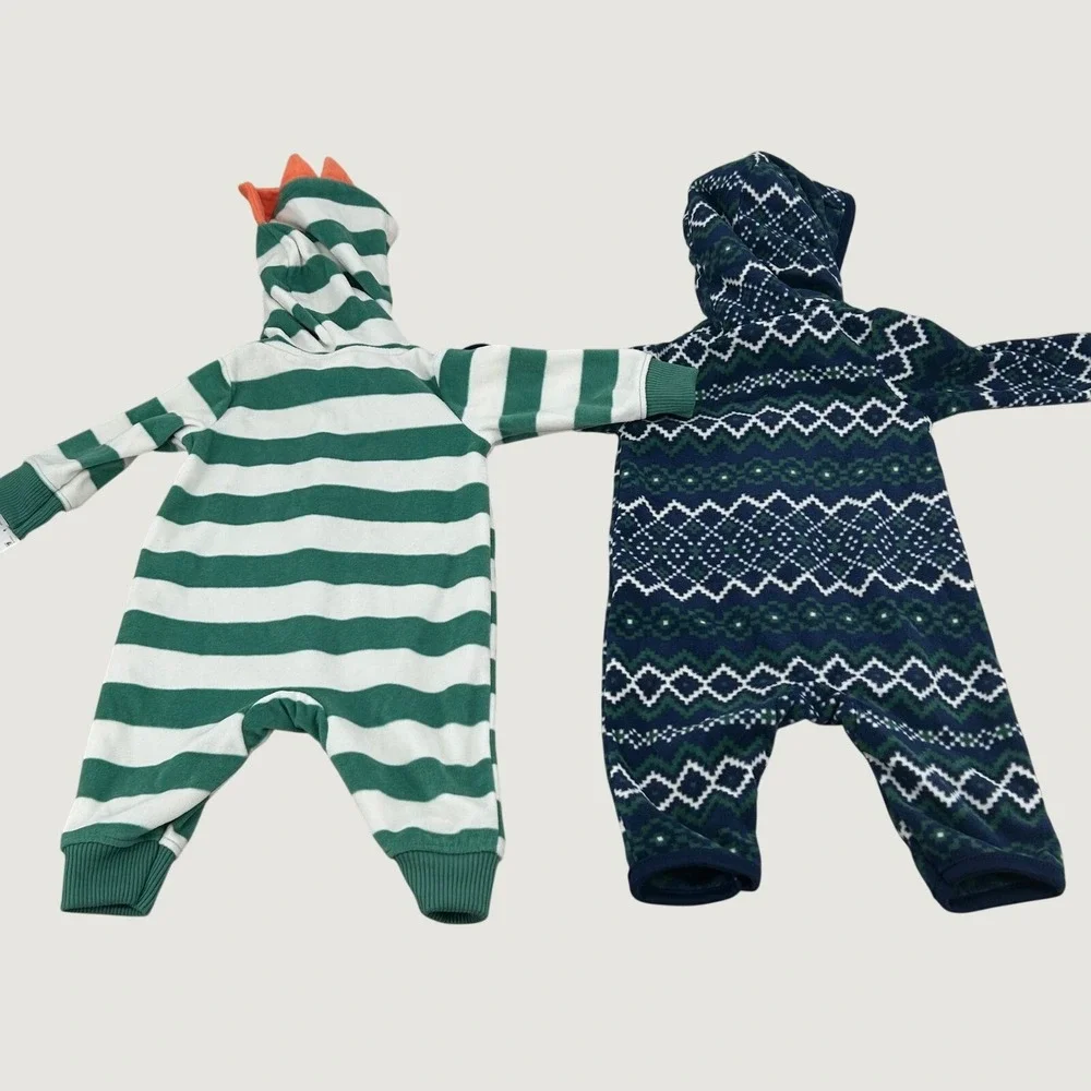 Carter's Fleece Jumpsuit Baby 3M Green Navy Striped Fair Isle‎ Hooded Cozy Dino